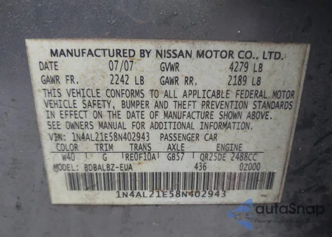 2008 Nissan Altima 2.5 S z USA, uszkodzony, nr VIN 1N4AL21E58N402943